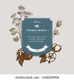 Badge design with colored lagurus, cotton, gypsophila