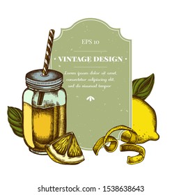 Badge design with colored lemons, basil, smothie jars