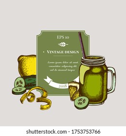 Badge design with colored lemons, smothie jars, cucumber