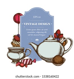 Badge design with colored lollipop, candies, cupcake, teapots, cups, truffle, cake, tartlet