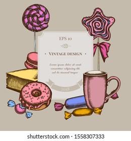 Badge design with colored macaron, lollipop, candies, lollipop, cheesecake, cups, donut