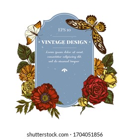 Badge design with colored poppy flower, calendula, african giant swallowtail, great orange-tip, roses