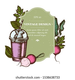 Badge design with colored radish, greenery, basil, smoothie cup