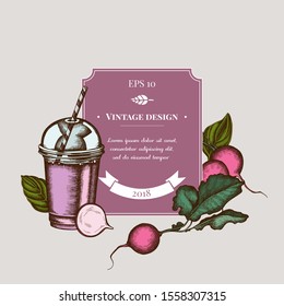 Badge design with colored radish, greenery, basil, smoothie cup