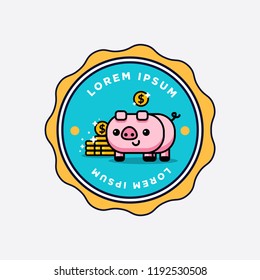 Badge Design with Cute Piggy Bank Illustration Gold Coins 
