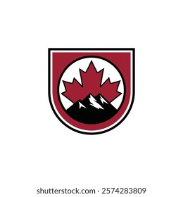 A badge design featuring a maple leaf and a mountain silhouette, symbolizing nature and adventure.