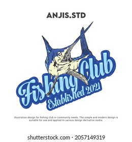 badge design with fishing club theme. the blue color concept is adjusted to the color of the marlin fish which is the main object.