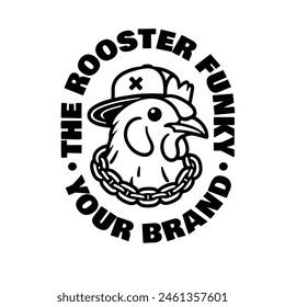 badge design. image of a rooster with a chain necklace around his neck.