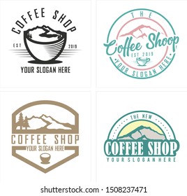 Badge design logo with mountain tree cup circle dot line art illustration vector suitable for coffee shop food drink business