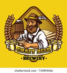 badge design of man show his beer in wooden mug