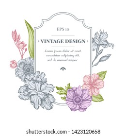 Badge design with pastel anemone, iris japonica, sakura