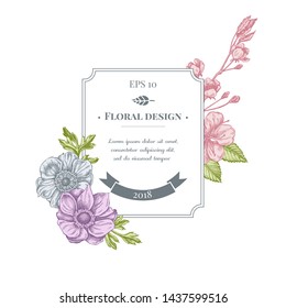 Badge design with pastel anemone, iris japonica, sakura