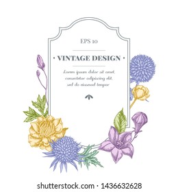 Badge design with pastel bellflower, globethistle, globeflower