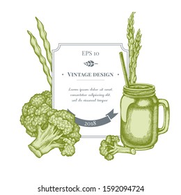 Badge design with pastel broccoli, green beans, smothie jars