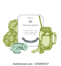 Badge design with pastel broccoli, smothie jars, cucumber