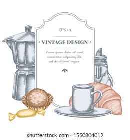 Badge design with pastel candies, croissants and bread, espresso cup, coffee pot, sugar bowl and truffle