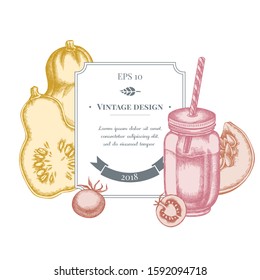 Badge design with pastel cherry tomatoes, pumpkin, smothie jars