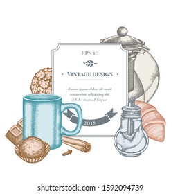 Badge design with pastel cinnamon, bar, croissants and bread, teapots, cups, sugar bowl, cookie, truffle