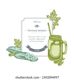 Badge design with pastel greenery, smothie jars, cucumber, celery