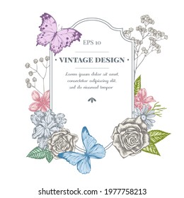 Badge design with pastel iris japonica, gypsophila, chamomile, almond, blue morpho, forest mother-of-pearl, roses