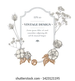 Badge design with pastel lagurus, cotton, gypsophila
