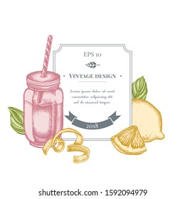 Badge design with pastel lemons, basil, smothie jars