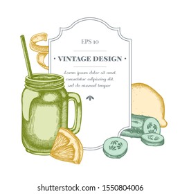 Badge design with pastel lemons, smothie jars and cucumber