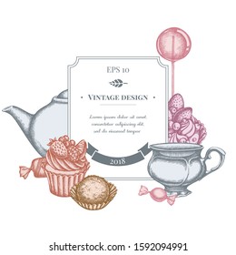 Badge design with pastel lollipop, candies, cupcake, teapots, cups, truffle, cake, tartlet