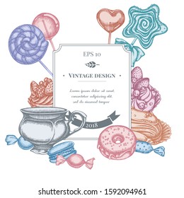 Badge design with pastel macaron, lollipop, candies, lollipop, eclair, cupcake, cups, donut, cake