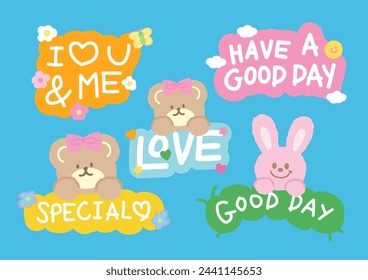 Badge designs of I heart YOU and ME, Have a Good Day, Specials, Love, Good Day, with Teddy Bear and Bunny for card print, animal sticker, logo, icon, pet, vet, font, typography, Valentine's Day, patch