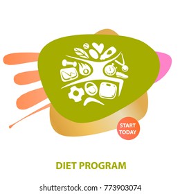 Badge for dieting program. Concept image for weight loss and health care. Abstract silhouette sportsman with sport equipment, water and healthy food. Vector illustration. Nutrition template logo
