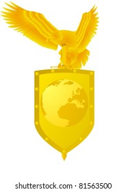 Badge with an eagle holding a sword and shield, which shows the planet Earth.