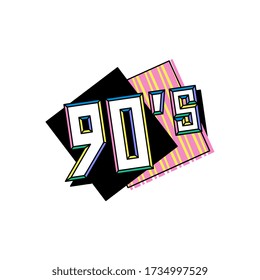 Badge or element in nineties fashion pop art style, colorful cartoon vector illustration isolated on white background. Retro style 90's disco dance party banner.
