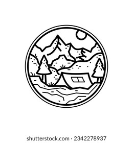 Badge and emblem camping mountain monoline or line art style isolated