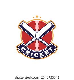 Logo del emblema de la insignia Cricket, equipo de cricket, diseño del logo del club de cricket con palos cruzados y vector de bola en fondo oscuro