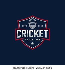 Badge emblem Cricket logo, cricket team, cricket club logo design with shield and helmet vector on dark background