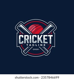 Badge emblem Cricket logo, cricket team, cricket club logo design with crossed sticks and ball vector on dark background