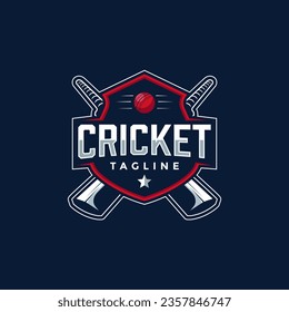 Badge emblem Cricket logo, cricket team, cricket club logo design with crossed sticks and ball vector on dark background