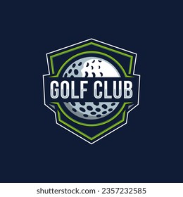 Badge emblem golf club, golf championship logo with shield and crossed golf ball vector on dark background