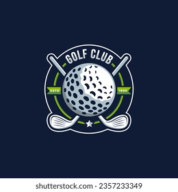 Badge emblem golf club, golf championship logo with golf ball and crossed golf sticks vector on dark background