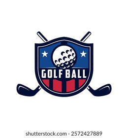 Badge emblem golf club, golf championship logo with golf ball and crossed golf sticks vector 