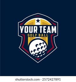 Badge emblem golf club, golf championship logo with golf ball and crossed golf sticks vector 