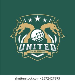 Badge emblem golf club, golf championship logo with golf ball and crossed golf sticks vector 