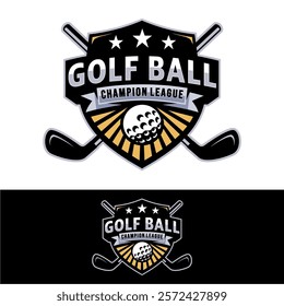 Badge emblem golf club, golf championship logo with golf ball and crossed golf sticks vector 