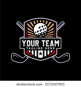 Badge emblem golf club, golf championship logo with golf ball and crossed golf sticks vector 