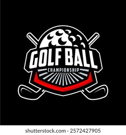 Badge emblem golf club, golf championship logo with golf ball and crossed golf sticks vector 