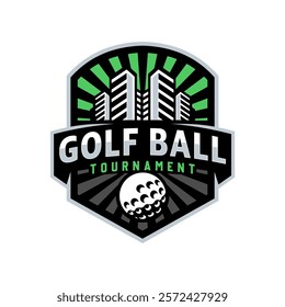 Badge emblem golf club, golf championship logo with golf ball and crossed golf sticks vector 