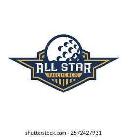 Badge emblem golf club, golf championship logo with golf ball and crossed golf sticks vector 