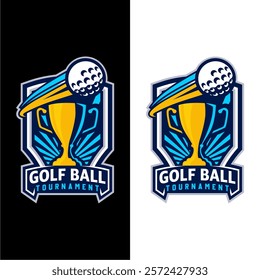 Badge emblem golf club, golf championship logo with golf ball and crossed golf sticks vector 