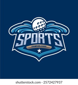 Badge emblem golf club, golf championship logo with golf ball and crossed golf sticks vector 